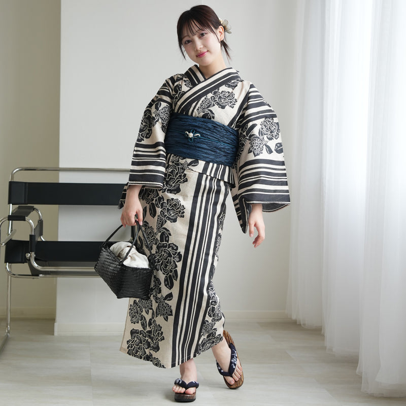【セパレート高級変わり織 二部式浴衣3点セット ( ゆかた上下・帯・下駄 )大正浪漫ブラック縞と牡丹の染分け】フリーサイズ  国産生地 国内染色 ニコアンティーク （5016239011）