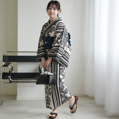 【セパレート高級変わり織 二部式浴衣3点セット ( ゆかた上下・帯・下駄 )大正浪漫ブラック縞と牡丹の染分け】フリーサイズ  国産生地 国内染色 ニコアンティーク （5016239011）