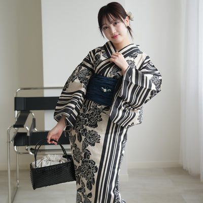 【セパレート高級変わり織 二部式浴衣3点セット ( ゆかた上下・帯・下駄 )大正浪漫ブラック縞と牡丹の染分け】フリーサイズ  国産生地 国内染色 ニコアンティーク （5016239011）