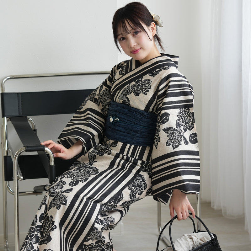 【セパレート高級変わり織 二部式浴衣3点セット ( ゆかた上下・帯・下駄 )大正浪漫ブラック縞と牡丹の染分け】フリーサイズ  国産生地 国内染色 ニコアンティーク （5016239011）