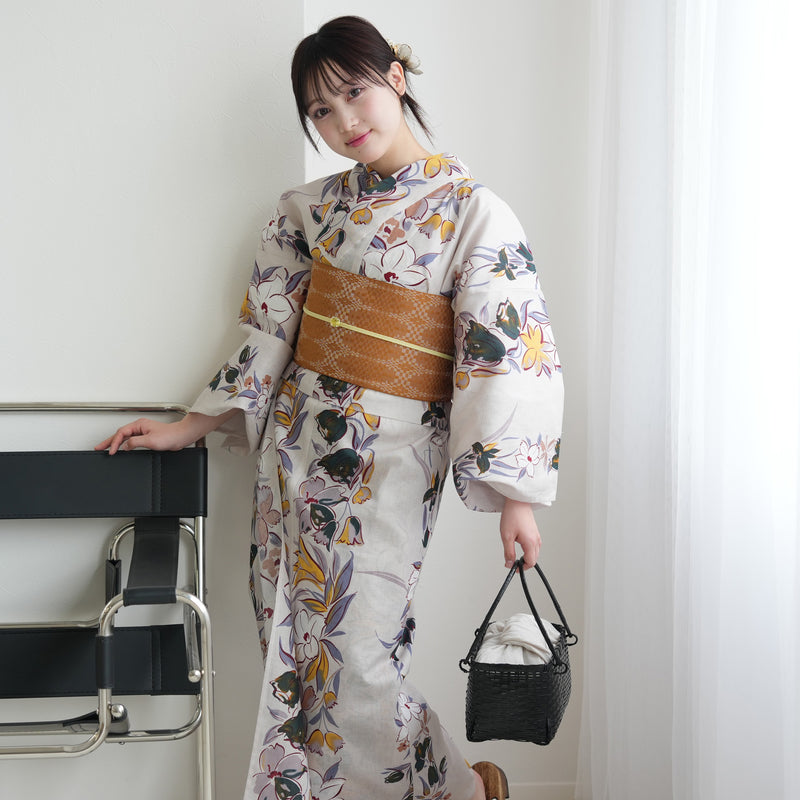 【セパレート高級変わり織 二部式浴衣3点セット ( ゆかた上下・帯・下駄 ) からしの百合片寄せ】フリーサイズ  国産生地 国内染色 昭和初期アンティーク復刻版 （5016267011）