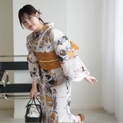 【セパレート高級変わり織 二部式浴衣3点セット ( ゆかた上下・帯・下駄 ) からしの百合片寄せ】フリーサイズ  国産生地 国内染色 昭和初期アンティーク復刻版 （5016267011）