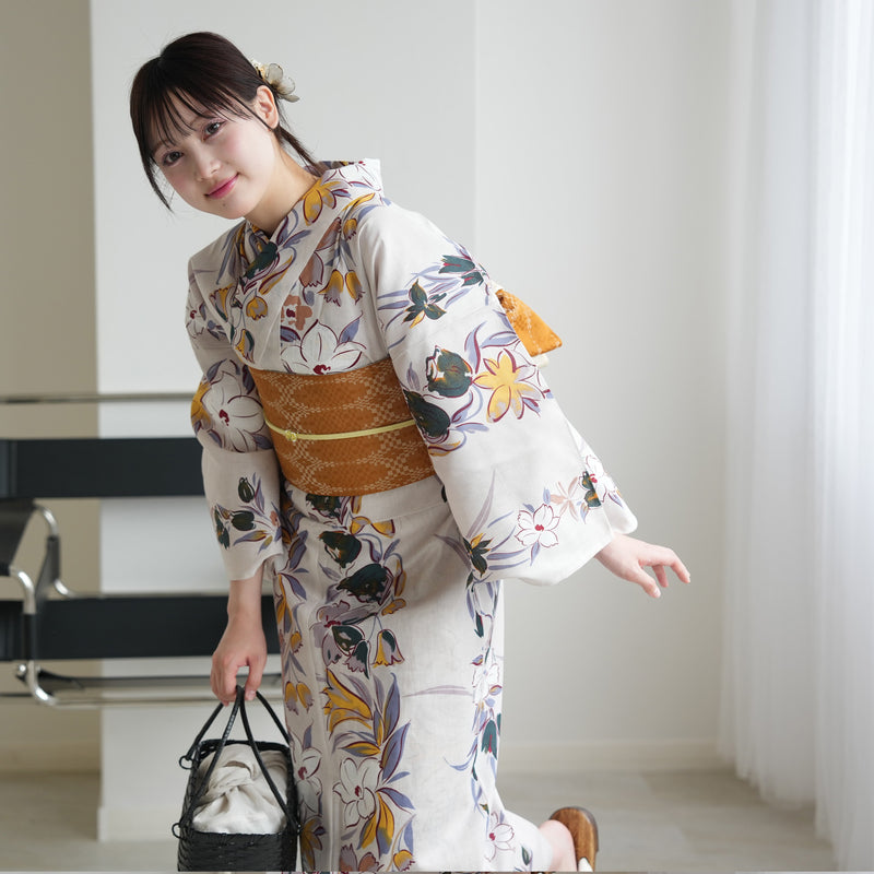 【セパレート高級変わり織 二部式浴衣3点セット ( ゆかた上下・帯・下駄 ) からしの百合片寄せ】フリーサイズ  国産生地 国内染色 昭和初期アンティーク復刻版 （5016267011）
