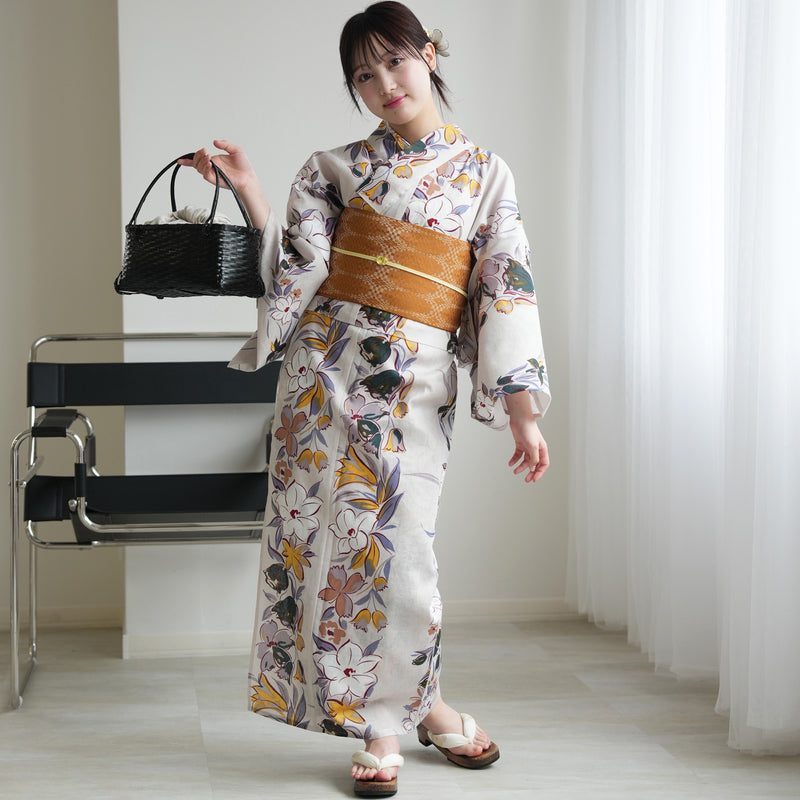 【セパレート高級変わり織 二部式浴衣3点セット ( ゆかた上下・帯・下駄 ) からしの百合片寄せ】フリーサイズ  国産生地 国内染色 昭和初期アンティーク復刻版 （5016267011）