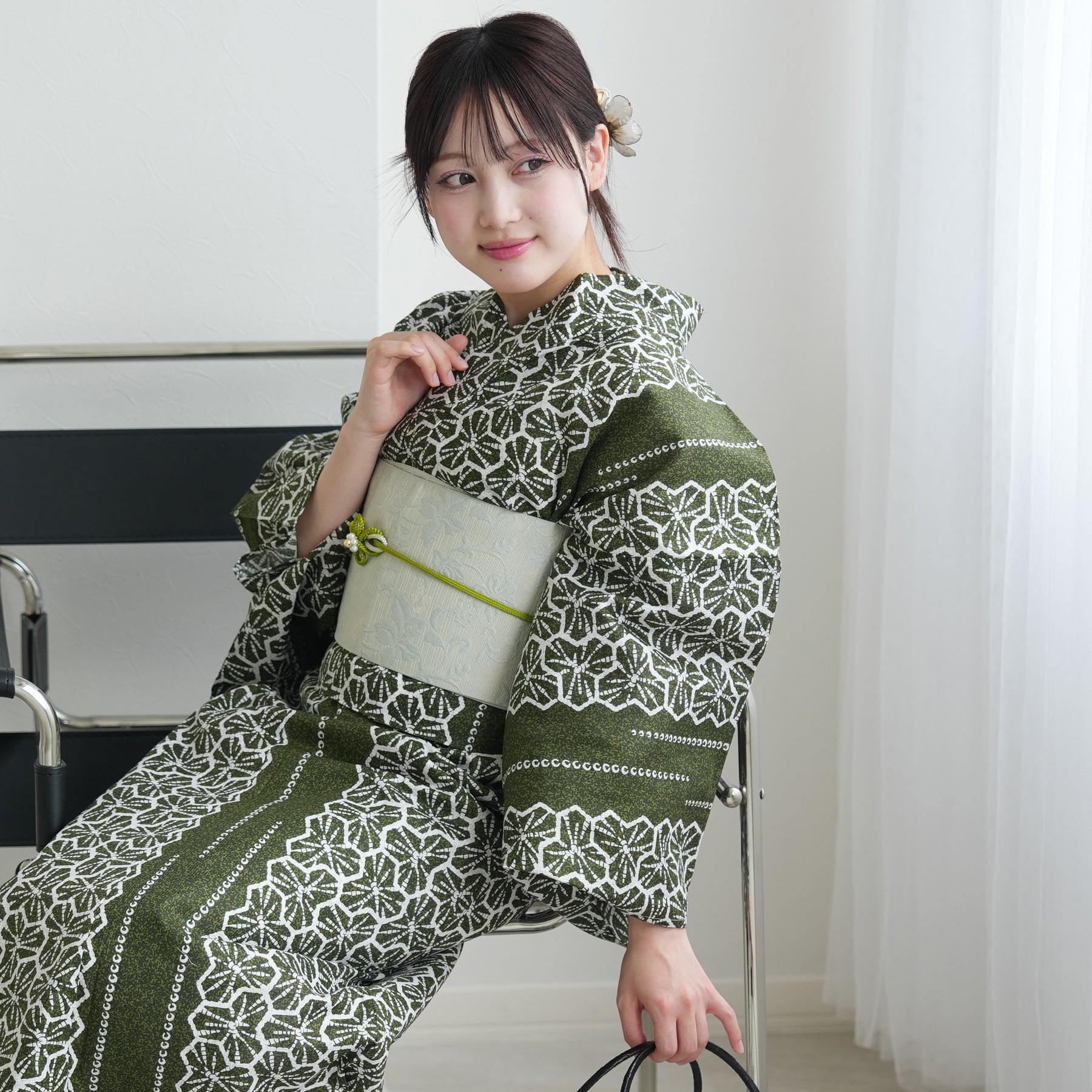 utatane セパレート 二部式浴衣3点セット 渋緑にアネモネ utatane｜utatane セパレート 二部式浴衣3点セット グリーンの
