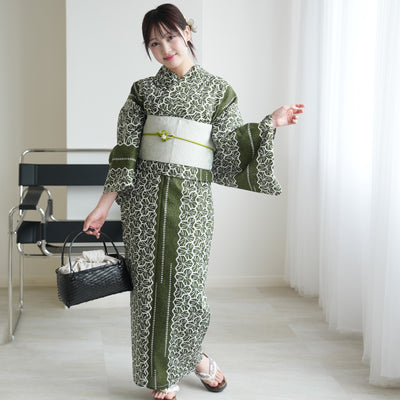【セパレート高級変わり織 二部式浴衣3点セット ( ゆかた上下・帯・下駄 )抹茶の絞り柄】フリーサイズ  国産生地 国内染色 昭和初期アンティーク復刻版 （5016267811）