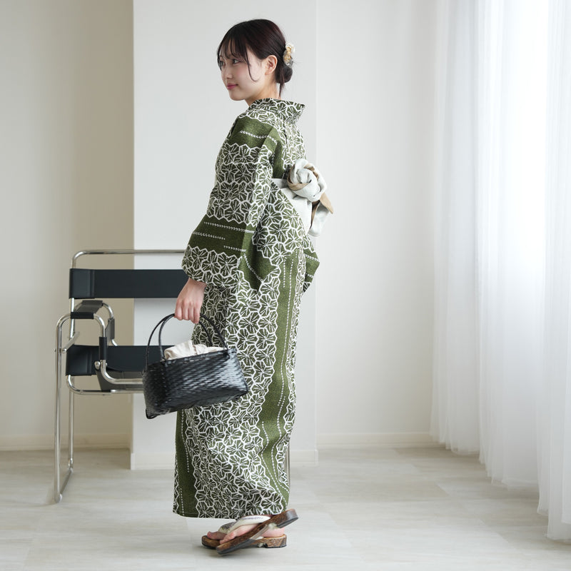 【セパレート高級変わり織 二部式浴衣3点セット ( ゆかた上下・帯・下駄 )抹茶の絞り柄】フリーサイズ  国産生地 国内染色 昭和初期アンティーク復刻版 （5016267811）