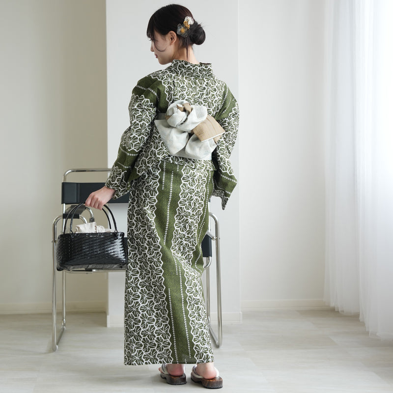 【セパレート高級変わり織 二部式浴衣3点セット ( ゆかた上下・帯・下駄 )抹茶の絞り柄】フリーサイズ  国産生地 国内染色 昭和初期アンティーク復刻版 （5016267811）