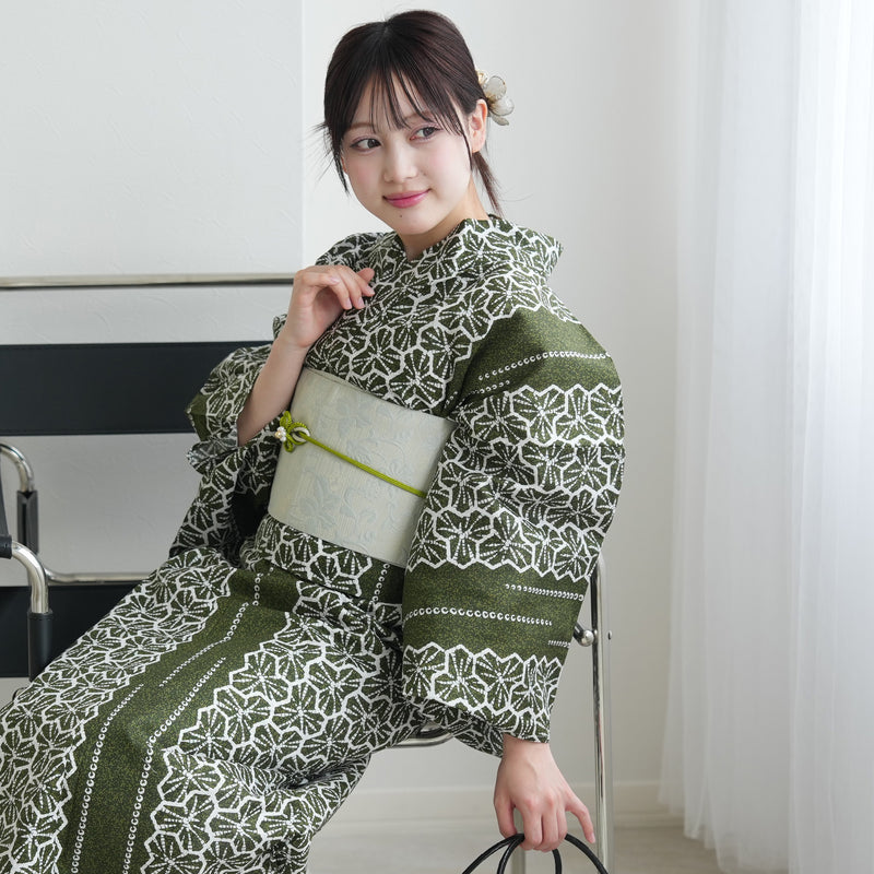 【セパレート高級変わり織 二部式浴衣3点セット ( ゆかた上下・帯・下駄 )抹茶の絞り柄】フリーサイズ  国産生地 国内染色 昭和初期アンティーク復刻版 （5016267811）