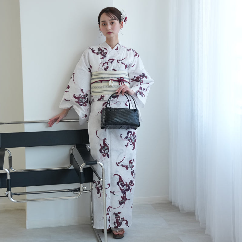 【セパレート高級変わり織 二部式浴衣3点セット ( ゆかた上下・帯・下駄 ) 赤紫とグリーンの乱菊】フリーサイズ  国産生地 国内染色 昭和初期アンティーク復刻版 （5016267911）