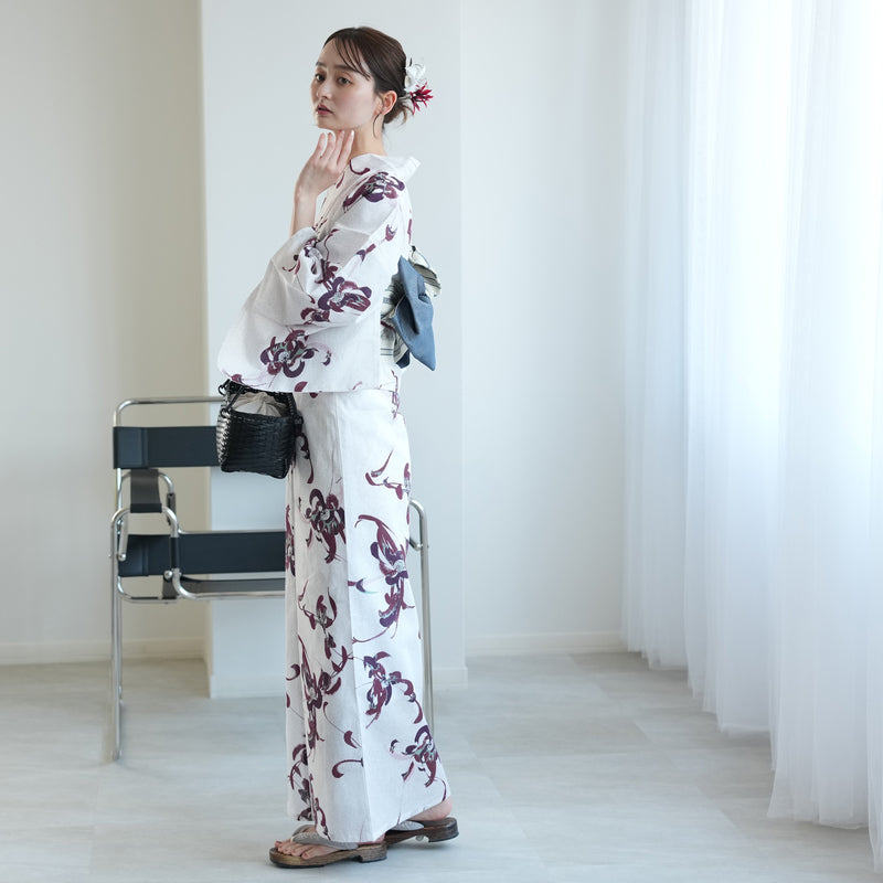 【セパレート高級変わり織 二部式浴衣3点セット ( ゆかた上下・帯・下駄 ) 赤紫とグリーンの乱菊】フリーサイズ  国産生地 国内染色 昭和初期アンティーク復刻版 （5016267911）