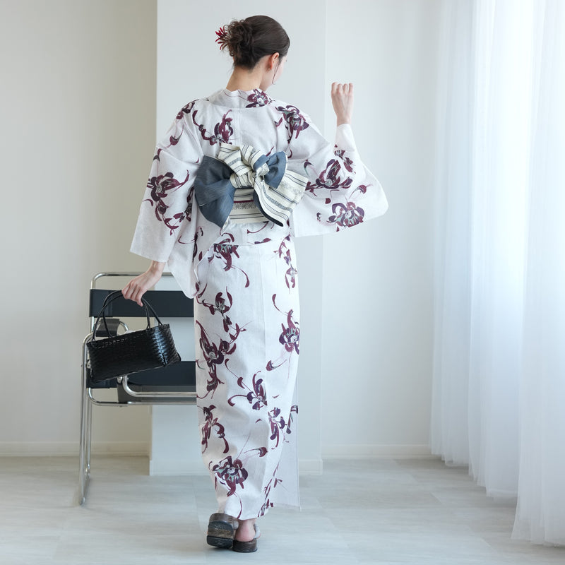 【セパレート高級変わり織 二部式浴衣3点セット ( ゆかた上下・帯・下駄 ) 赤紫とグリーンの乱菊】フリーサイズ  国産生地 国内染色 昭和初期アンティーク復刻版 （5016267911）