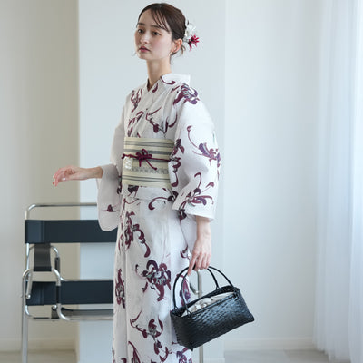 【セパレート高級変わり織 二部式浴衣3点セット ( ゆかた上下・帯・下駄 ) 赤紫とグリーンの乱菊】フリーサイズ  国産生地 国内染色 昭和初期アンティーク復刻版 （5016267911）