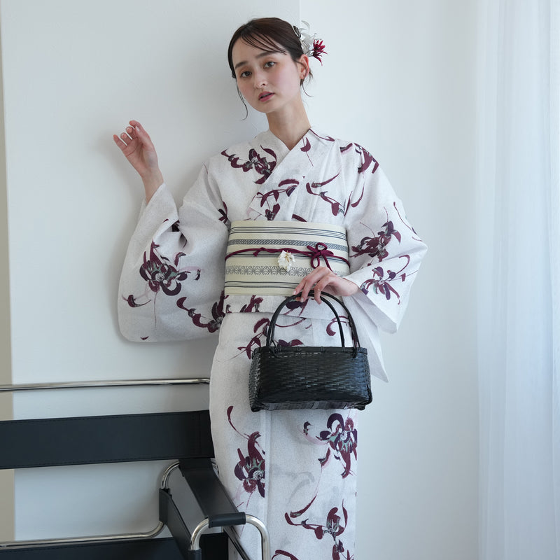 【セパレート高級変わり織 二部式浴衣3点セット ( ゆかた上下・帯・下駄 ) 赤紫とグリーンの乱菊】フリーサイズ  国産生地 国内染色 昭和初期アンティーク復刻版 （5016267911）