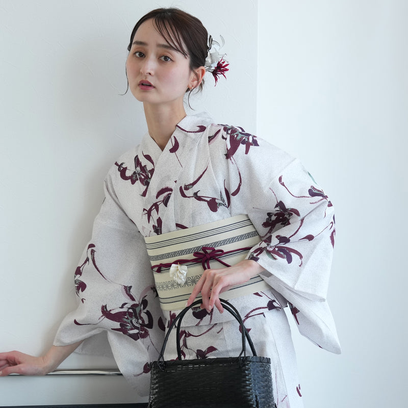 【セパレート高級変わり織 二部式浴衣3点セット ( ゆかた上下・帯・下駄 ) 赤紫とグリーンの乱菊】フリーサイズ  国産生地 国内染色 昭和初期アンティーク復刻版 （5016267911）