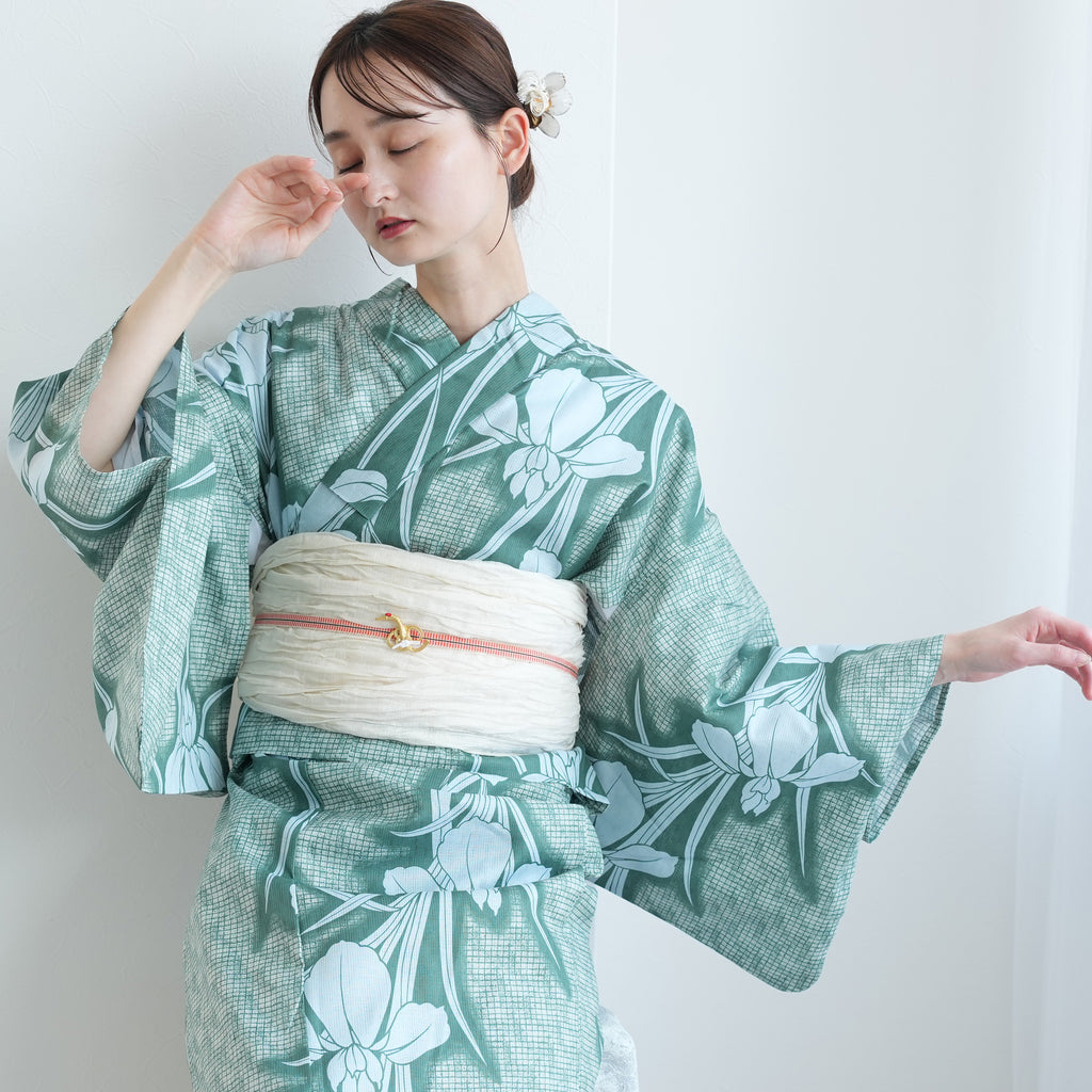 ◆ノー皺加工最高級クールパス◆高級絞り風のモダン翡翠緑浴衣◆二部式簡単浴衣★洗え ◇ノー皺加工最高級クールパス◇高級絞り風のモダン翡翠緑浴衣