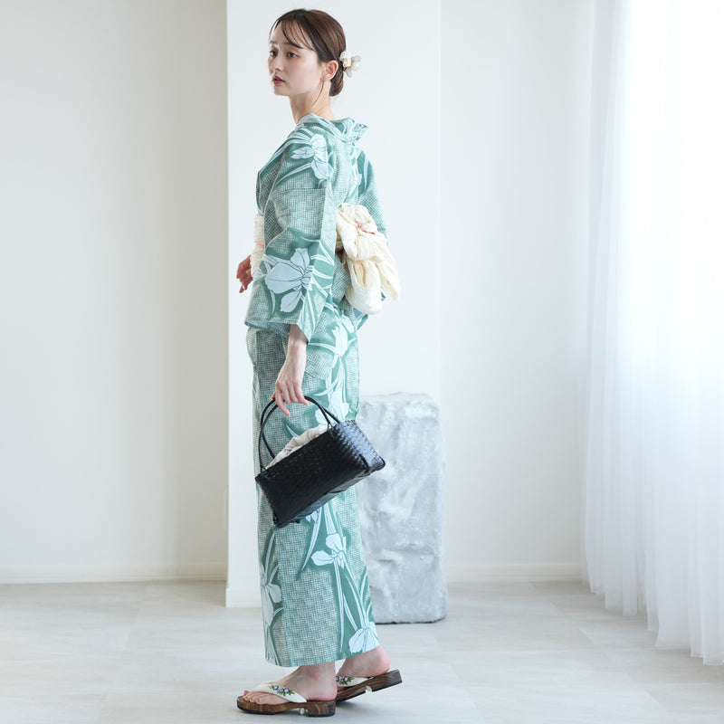 【セパレート高級変わり織 二部式浴衣3点セット ( ゆかた上下・帯・下駄 )翡翠に菖蒲】フリーサイズ  国産生地 国内染色 昭和初期アンティーク復刻版 （5016268711）