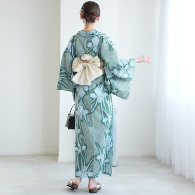 【セパレート高級変わり織 二部式浴衣3点セット ( ゆかた上下・帯・下駄 )翡翠に菖蒲】フリーサイズ  国産生地 国内染色 昭和初期アンティーク復刻版 （5016268711）