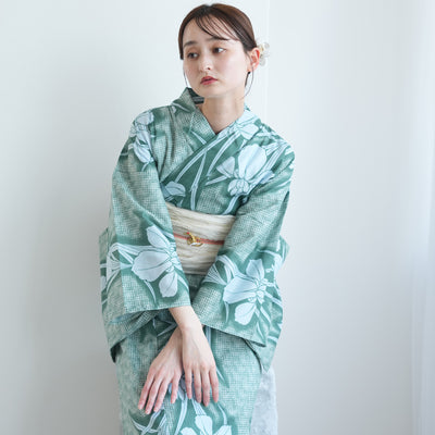 【セパレート高級変わり織 二部式浴衣3点セット ( ゆかた上下・帯・下駄 )翡翠に菖蒲】フリーサイズ  国産生地 国内染色 昭和初期アンティーク復刻版 （5016268711）
