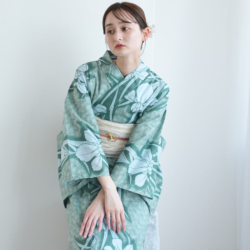 【セパレート高級変わり織 二部式浴衣3点セット ( ゆかた上下・帯・下駄 )翡翠に菖蒲】フリーサイズ  国産生地 国内染色 昭和初期アンティーク復刻版 （5016268711）