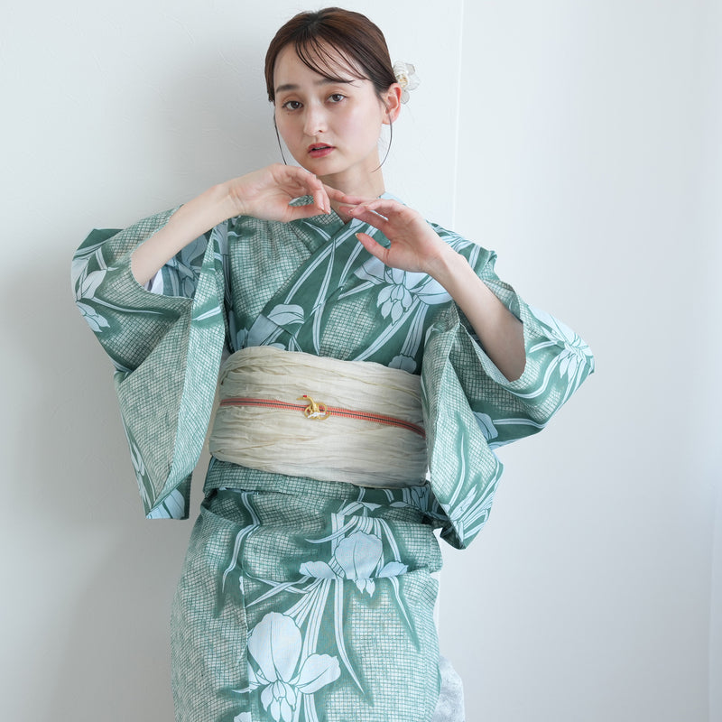 【セパレート高級変わり織 二部式浴衣3点セット ( ゆかた上下・帯・下駄 )翡翠に菖蒲】フリーサイズ  国産生地 国内染色 昭和初期アンティーク復刻版 （5016268711）