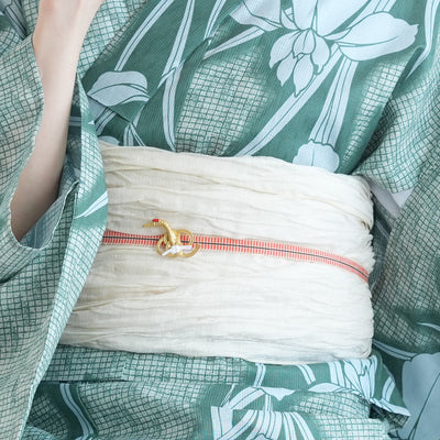 【セパレート高級変わり織 二部式浴衣3点セット ( ゆかた上下・帯・下駄 )翡翠に菖蒲】フリーサイズ  国産生地 国内染色 昭和初期アンティーク復刻版 （5016268711）