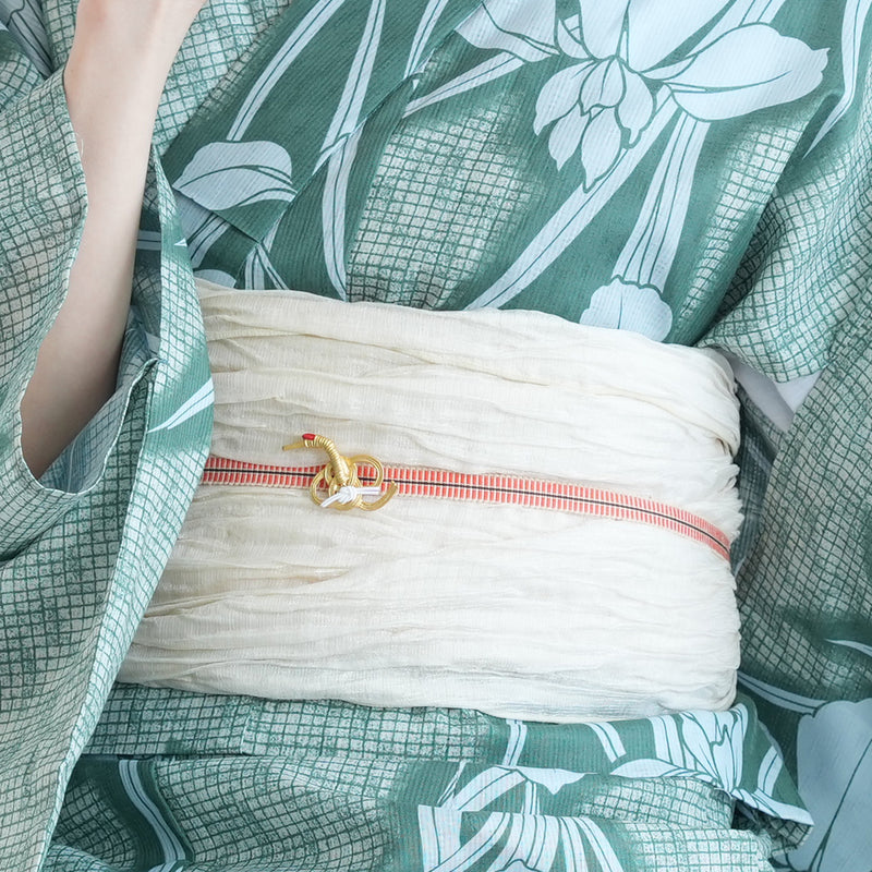 【セパレート高級変わり織 二部式浴衣3点セット ( ゆかた上下・帯・下駄 )翡翠に菖蒲】フリーサイズ  国産生地 国内染色 昭和初期アンティーク復刻版 （5016268711）