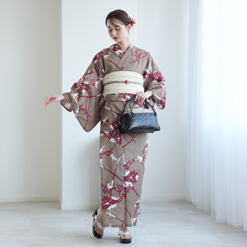 【セパレート高級変わり織 二部式浴衣3点セット ( ゆかた上下・帯・下駄 )赤茶のあざみ砂嵐】フリーサイズ  国産生地 国内染色 昭和初期アンティーク復刻版 （5016269211）
