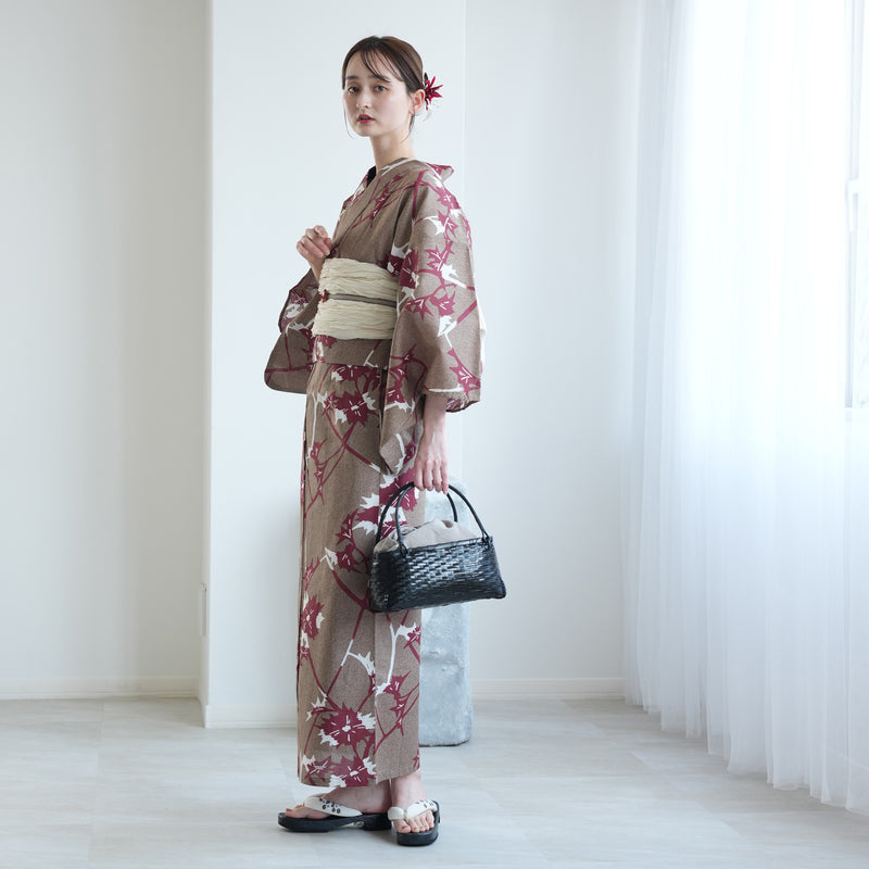 【セパレート高級変わり織 二部式浴衣3点セット ( ゆかた上下・帯・下駄 )赤茶のあざみ砂嵐】フリーサイズ  国産生地 国内染色 昭和初期アンティーク復刻版 （5016269211）