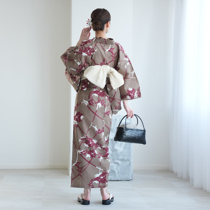 【セパレート高級変わり織 二部式浴衣3点セット ( ゆかた上下・帯・下駄 )赤茶のあざみ砂嵐】フリーサイズ  国産生地 国内染色 昭和初期アンティーク復刻版 （5016269211）