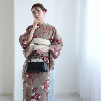 【セパレート高級変わり織 二部式浴衣3点セット ( ゆかた上下・帯・下駄 )赤茶のあざみ砂嵐】フリーサイズ  国産生地 国内染色 昭和初期アンティーク復刻版 （5016269211）