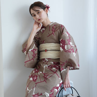 【セパレート高級変わり織 二部式浴衣3点セット ( ゆかた上下・帯・下駄 )赤茶のあざみ砂嵐】フリーサイズ  国産生地 国内染色 昭和初期アンティーク復刻版 （5016269211）
