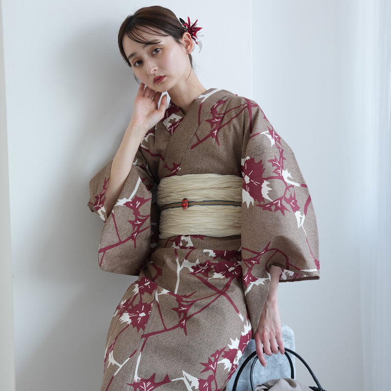 【セパレート高級変わり織 二部式浴衣3点セット ( ゆかた上下・帯・下駄 )赤茶のあざみ砂嵐】フリーサイズ  国産生地 国内染色 昭和初期アンティーク復刻版 （5016269211）