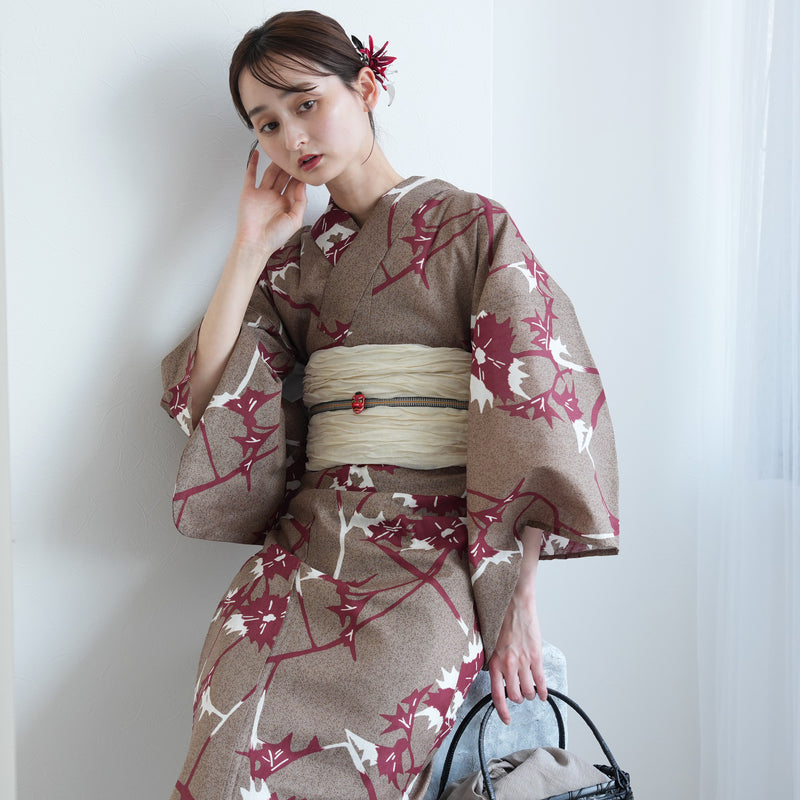 【セパレート高級変わり織 二部式浴衣3点セット ( ゆかた上下・帯・下駄 )赤茶のあざみ砂嵐】フリーサイズ  国産生地 国内染色 昭和初期アンティーク復刻版 （5016269211）