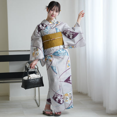 【セパレート高級変わり織 二部式浴衣3点セット ( ゆかた上下・帯・下駄 )グレーに露芝紋の古典花】フリーサイズ  国産生地 国内染色 昭和初期アンティーク復刻版 （5016269411）