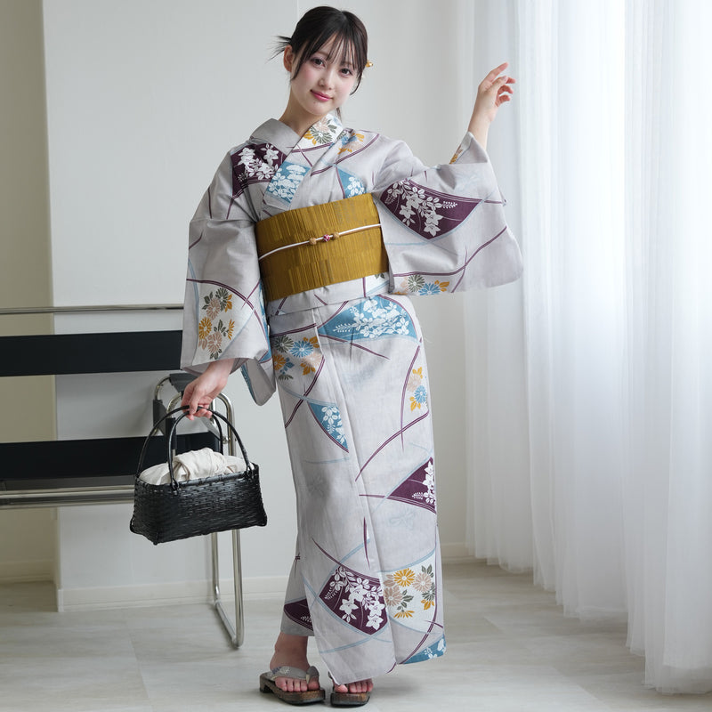 【セパレート高級変わり織 二部式浴衣3点セット ( ゆかた上下・帯・下駄 )グレーに露芝紋の古典花】フリーサイズ  国産生地 国内染色 昭和初期アンティーク復刻版 （5016269411）