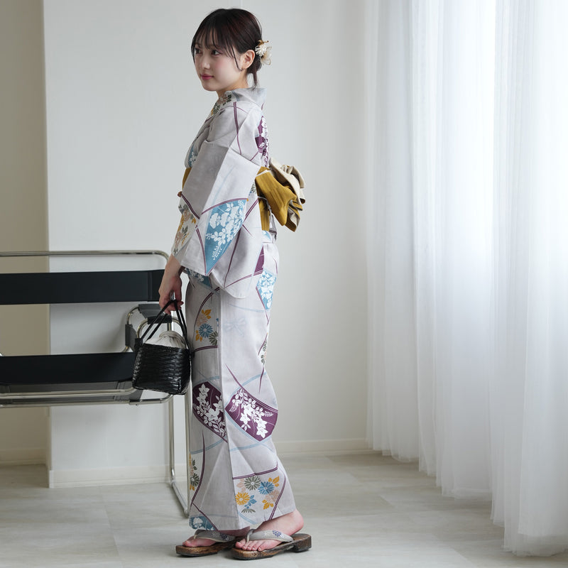 【セパレート高級変わり織 二部式浴衣3点セット ( ゆかた上下・帯・下駄 )グレーに露芝紋の古典花】フリーサイズ  国産生地 国内染色 昭和初期アンティーク復刻版 （5016269411）