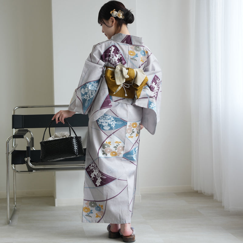 【セパレート高級変わり織 二部式浴衣3点セット ( ゆかた上下・帯・下駄 )グレーに露芝紋の古典花】フリーサイズ  国産生地 国内染色 昭和初期アンティーク復刻版 （5016269411）