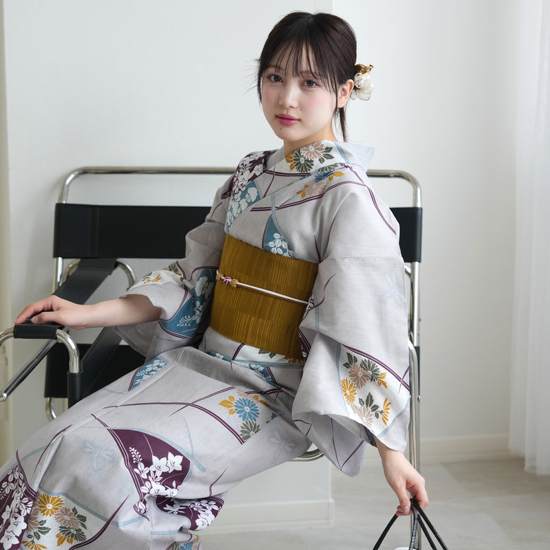 【セパレート高級変わり織 二部式浴衣3点セット ( ゆかた上下・帯・下駄 )グレーに露芝紋の古典花】フリーサイズ  国産生地 国内染色 昭和初期アンティーク復刻版 （5016269411）