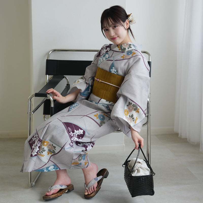 【セパレート高級変わり織 二部式浴衣3点セット ( ゆかた上下・帯・下駄 )グレーに露芝紋の古典花】フリーサイズ  国産生地 国内染色 昭和初期アンティーク復刻版 （5016269411）