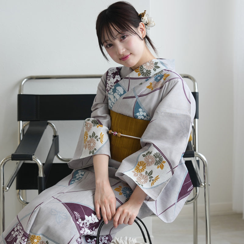 【セパレート高級変わり織 二部式浴衣3点セット ( ゆかた上下・帯・下駄 )グレーに露芝紋の古典花】フリーサイズ  国産生地 国内染色 昭和初期アンティーク復刻版 （5016269411）