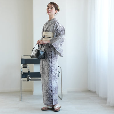 【セパレート高級変わり織 二部式浴衣3点セット ( ゆかた上下・帯・下駄 )紫茶黒の燦々糸菊】フリーサイズ  国産生地 国内染色 昭和初期アンティーク復刻版 （5016273011）
