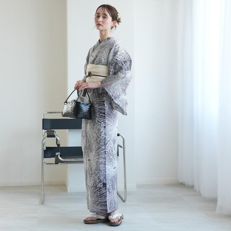 【セパレート高級変わり織 二部式浴衣3点セット ( ゆかた上下・帯・下駄 )紫茶黒の燦々糸菊】フリーサイズ  国産生地 国内染色 昭和初期アンティーク復刻版 （5016273011）