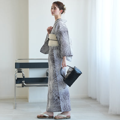 【セパレート高級変わり織 二部式浴衣3点セット ( ゆかた上下・帯・下駄 )紫茶黒の燦々糸菊】フリーサイズ  国産生地 国内染色 昭和初期アンティーク復刻版 （5016273011）