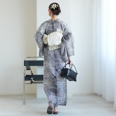 【セパレート高級変わり織 二部式浴衣3点セット ( ゆかた上下・帯・下駄 )紫茶黒の燦々糸菊】フリーサイズ  国産生地 国内染色 昭和初期アンティーク復刻版 （5016273011）