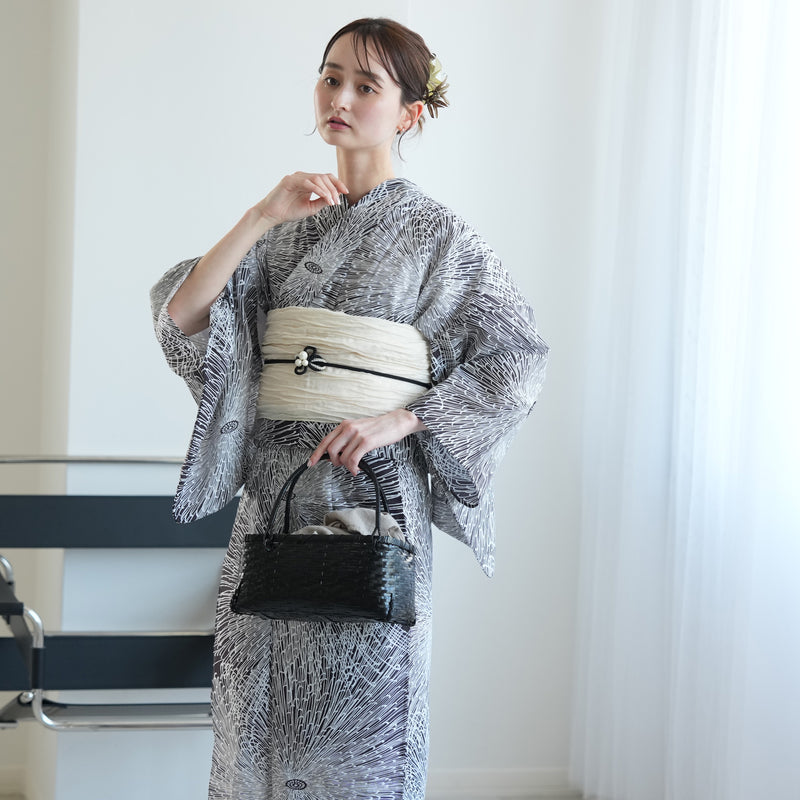 【セパレート高級変わり織 二部式浴衣3点セット ( ゆかた上下・帯・下駄 )紫茶黒の燦々糸菊】フリーサイズ  国産生地 国内染色 昭和初期アンティーク復刻版 （5016273011）