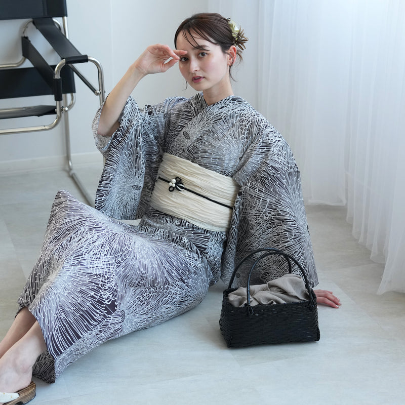 【セパレート高級変わり織 二部式浴衣3点セット ( ゆかた上下・帯・下駄 )紫茶黒の燦々糸菊】フリーサイズ  国産生地 国内染色 昭和初期アンティーク復刻版 （5016273011）