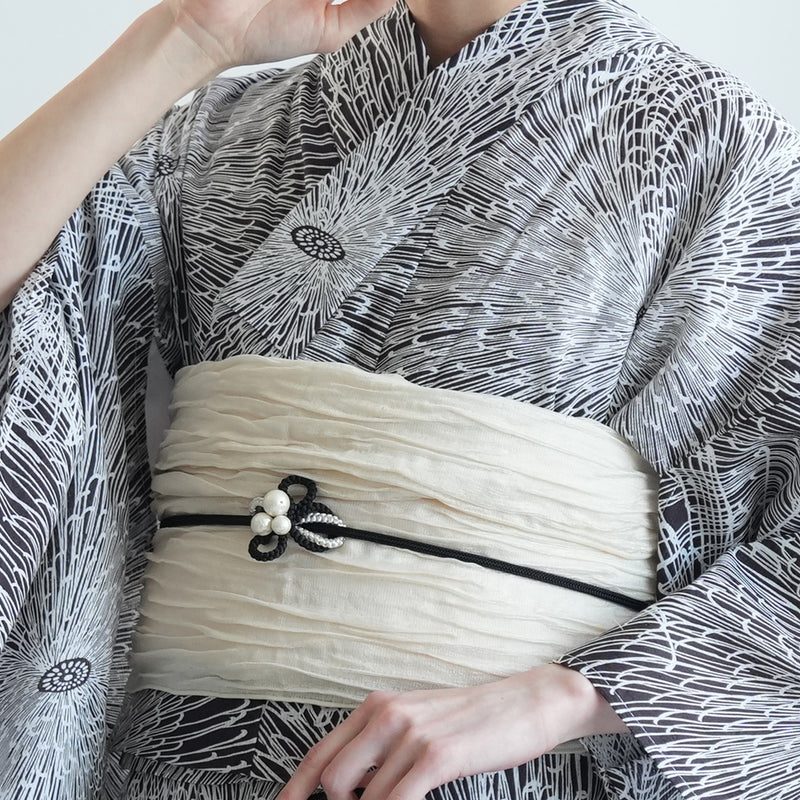 【セパレート高級変わり織 二部式浴衣3点セット ( ゆかた上下・帯・下駄 )紫茶黒の燦々糸菊】フリーサイズ  国産生地 国内染色 昭和初期アンティーク復刻版 （5016273011）