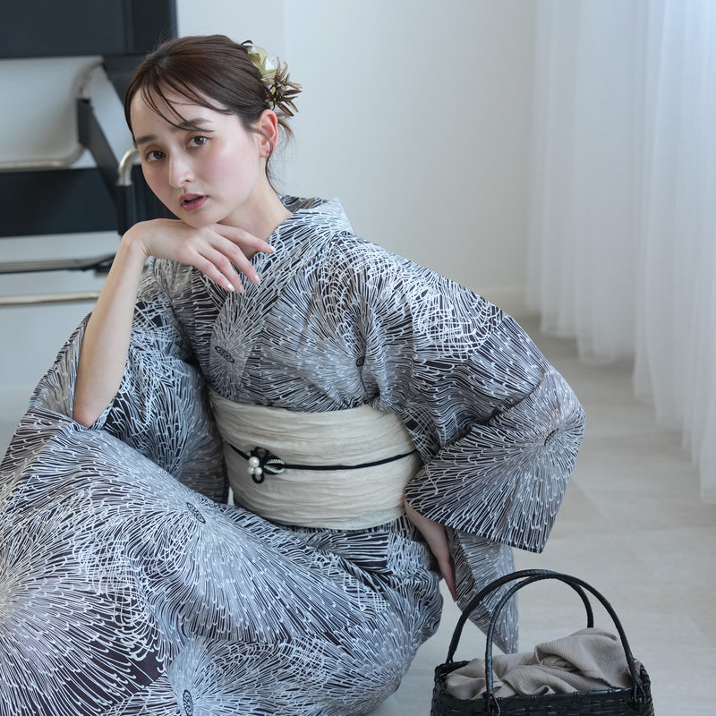 【セパレート高級変わり織 二部式浴衣3点セット ( ゆかた上下・帯・下駄 )紫茶黒の燦々糸菊】フリーサイズ  国産生地 国内染色 昭和初期アンティーク復刻版 （5016273011）