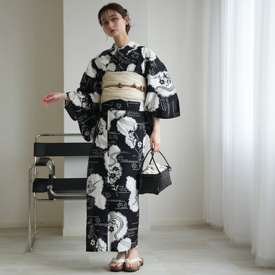 【セパレート高級変わり織 二部式浴衣3点セット ( ゆかた上下・帯・下駄 )濃紺に撫子瓢箪】フリーサイズ  国産生地 国内染色 昭和初期アンティーク復刻版 （5016276411）